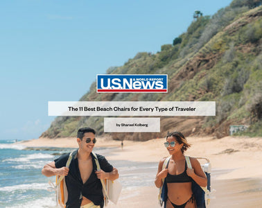 US News & World Report - The 11 Best Beach Chairs for Every Type of Traveler. Article by by Sharael Kolberg. Image of 2 people walking on a beach in Hawaii with SUNFLOW chairs on their backs.